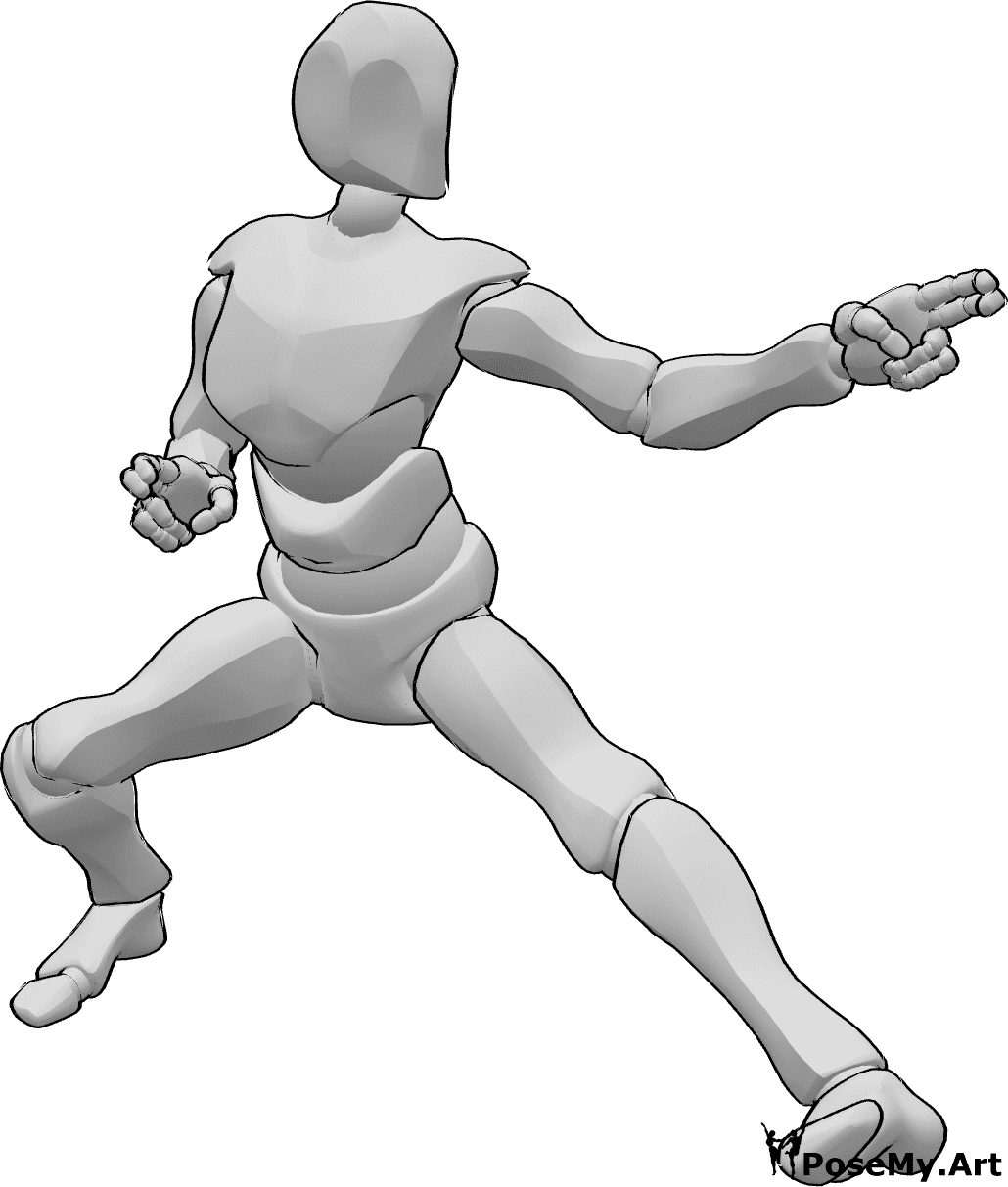 Referência de poses- Pose de ataque de kung fu masculino - Homem de kung fu a atacar com pose de braço esquerdo