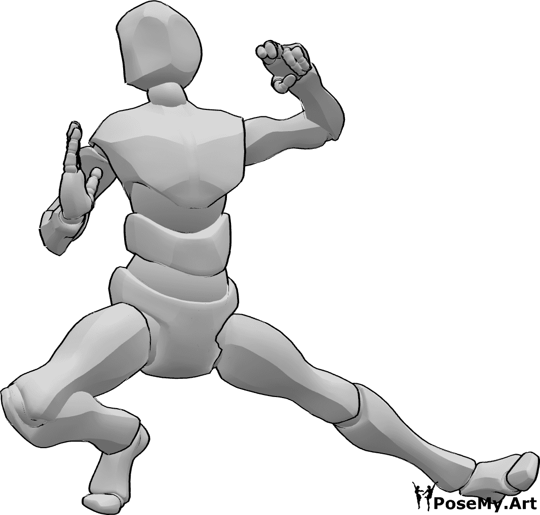 Referencia de poses- Postura masculina de arte marcial - Hombre kung fu atacando, pose de arte marcial