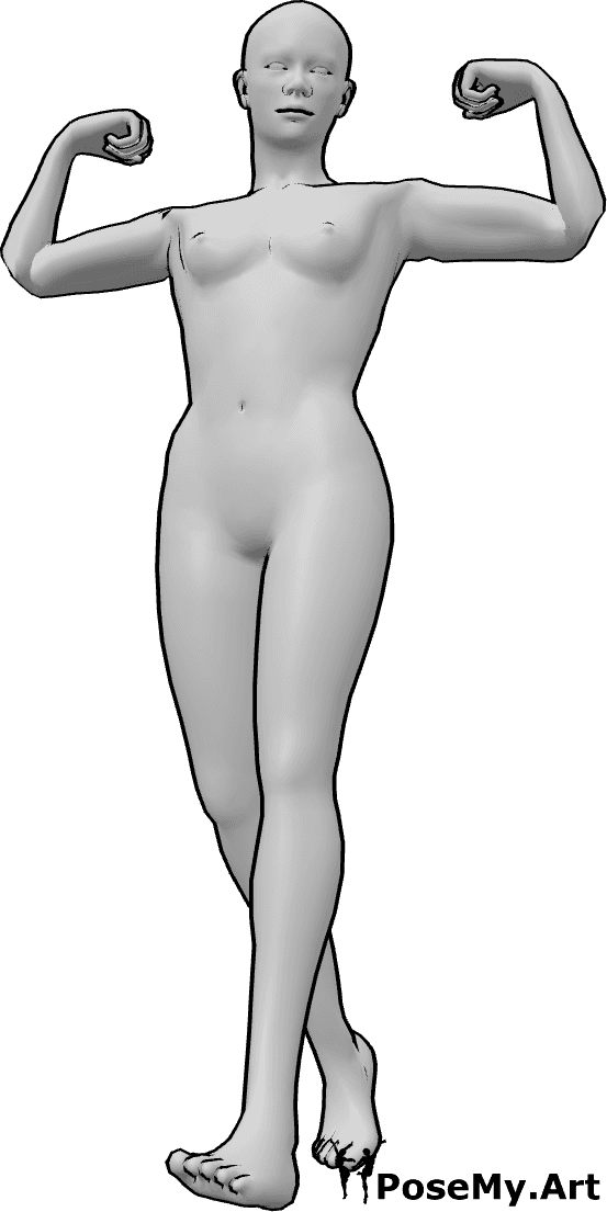 Pose Reference- Walking female power pose - Muscular female is walking and showing her arm muscles