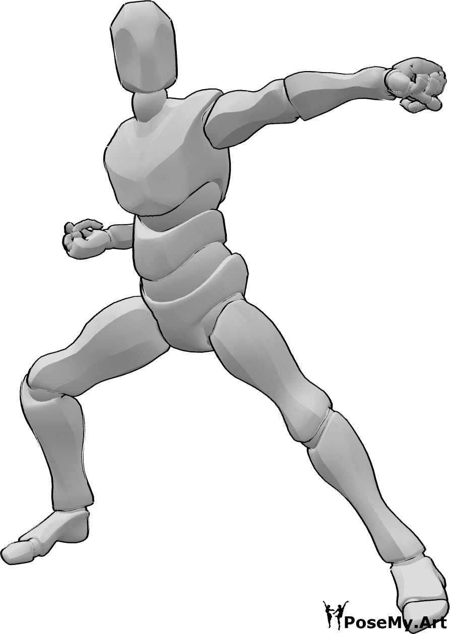 Posen-Referenz- Männliche linke Punch-Pose - Männlich schlägt mit dem linken Arm, Kung-Fu-Pose, Kampfkunst-Pose