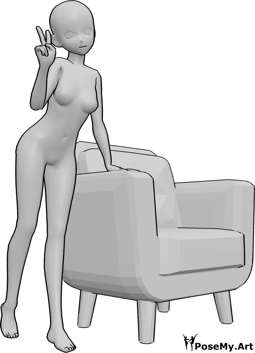 Pose Reference- Cute anime female armchair pose - Cute anime female is leaning on the armchair with her left hand, making a peace sign with her right hand