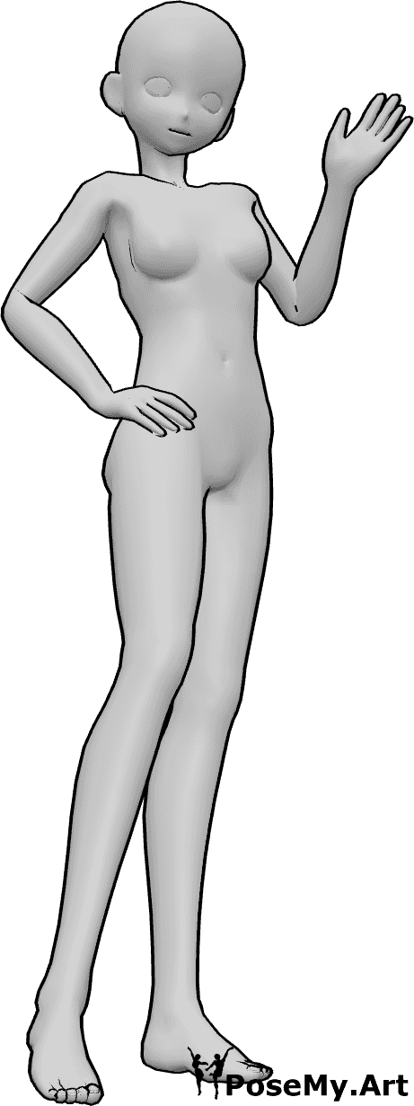 Référence des poses- Mignonne femme animée faisant un signe de la main - Mignonne femme animée debout, se tenant la hanche et faisant un signe de la main, mignonne base de corps animée