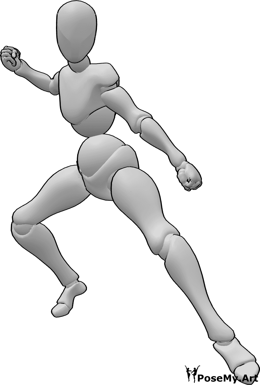 Referencia de poses- Postura femenina de arte marcial - Mujer atacando, pose de arte marcial