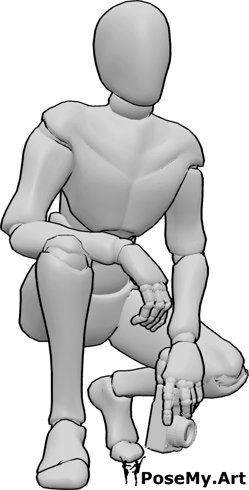 Pose Reference- Male crouching holding camera pose - Male is crouching, holding the camera in his left hand