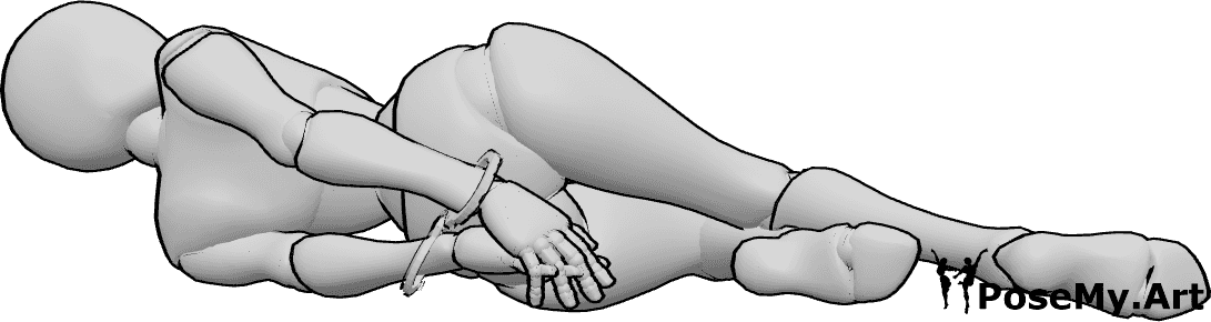 Pose Reference- Handcuff lying pose - Handcuffed female is lying on the ground, her hands are behind her back
