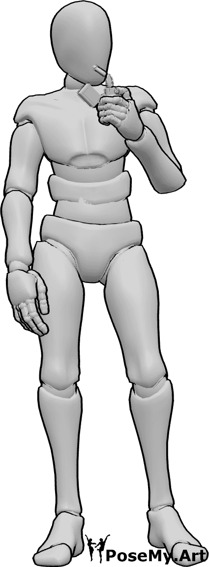 Posen-Referenz- Stehende männliche rauchende Pose - Ein Mann steht lässig und rauchend da und zündet sich eine Zigarette an.