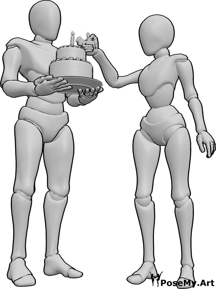 ポーズ資料- キャンドルを灯す女性のポーズ - 男性がバースデーケーキを持ち、女性がそれにろうそくを灯している。