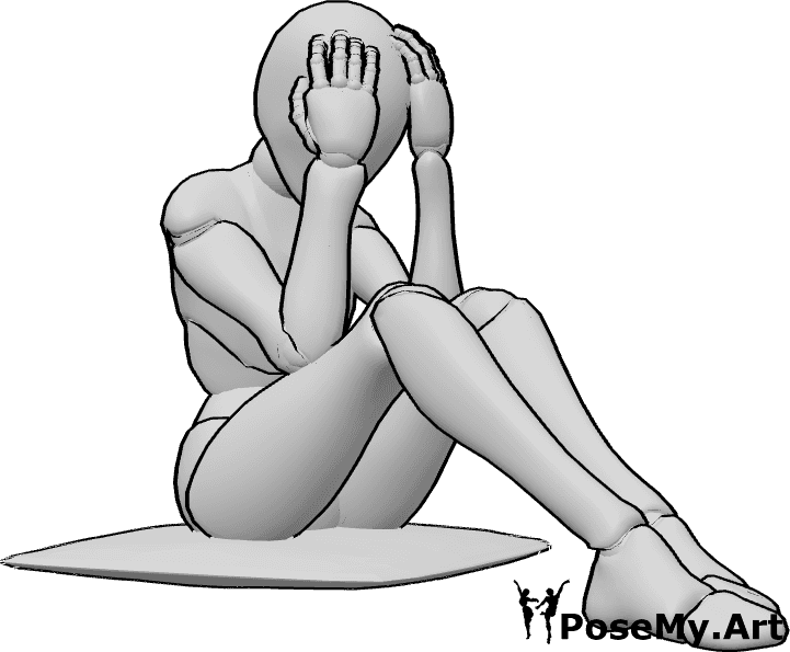 姿势资料- 女性绝望悲伤的姿势 - 悲伤的女性坐在地板上，双手抱头，低着头