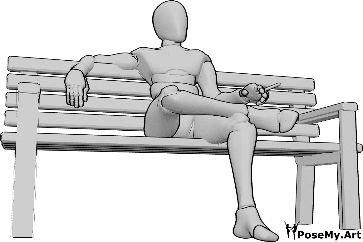 Pose Reference- Smug male smoking pose - Smug male is sitting on the bench with his legs crossed and smoking a cigarette