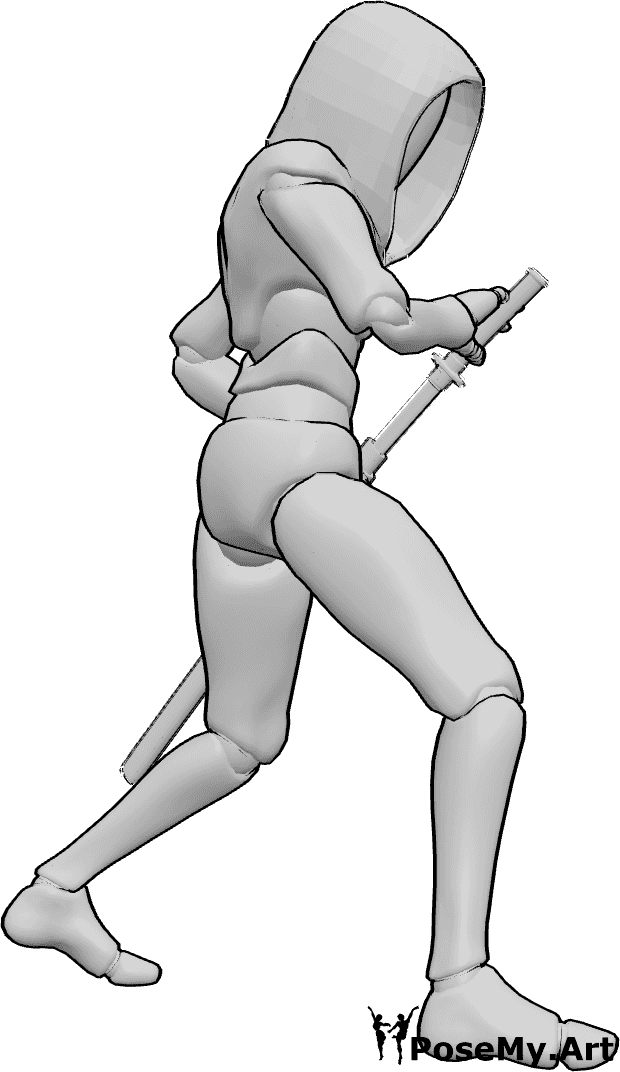 姿势资料- 小淘气手持武士刀的姿势 - 小淘气正准备攻击，从刀鞘中拔出了武士刀。