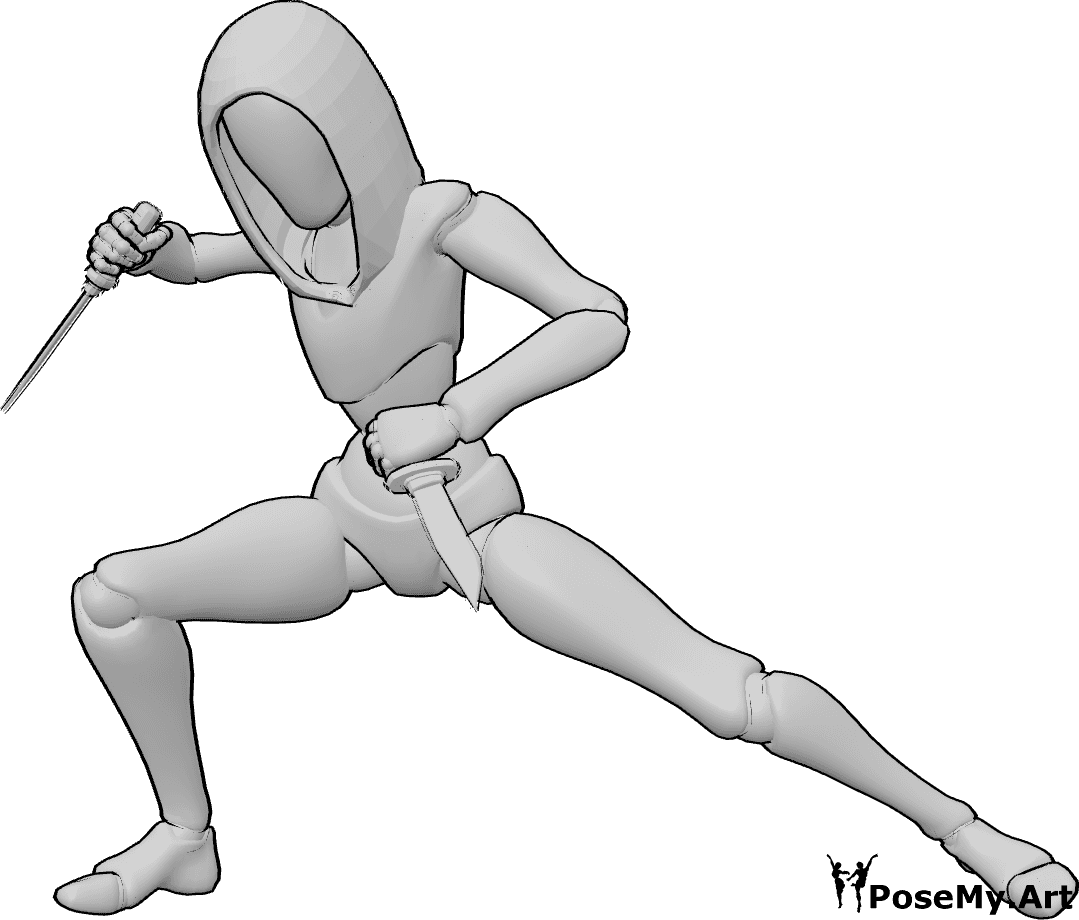 Pose Reference- Female rogue holding dagger pose - Female is standing and holding daggers in both hands, wearing hood, ready to attack pose