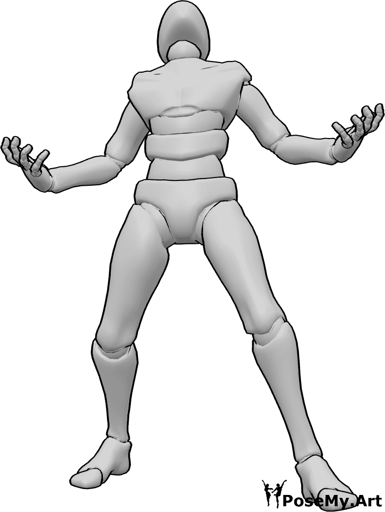 Pose Reference- Villain angry standing pose - Villain is nervous, standing and looking up, raising his hands, angry villain pose reference