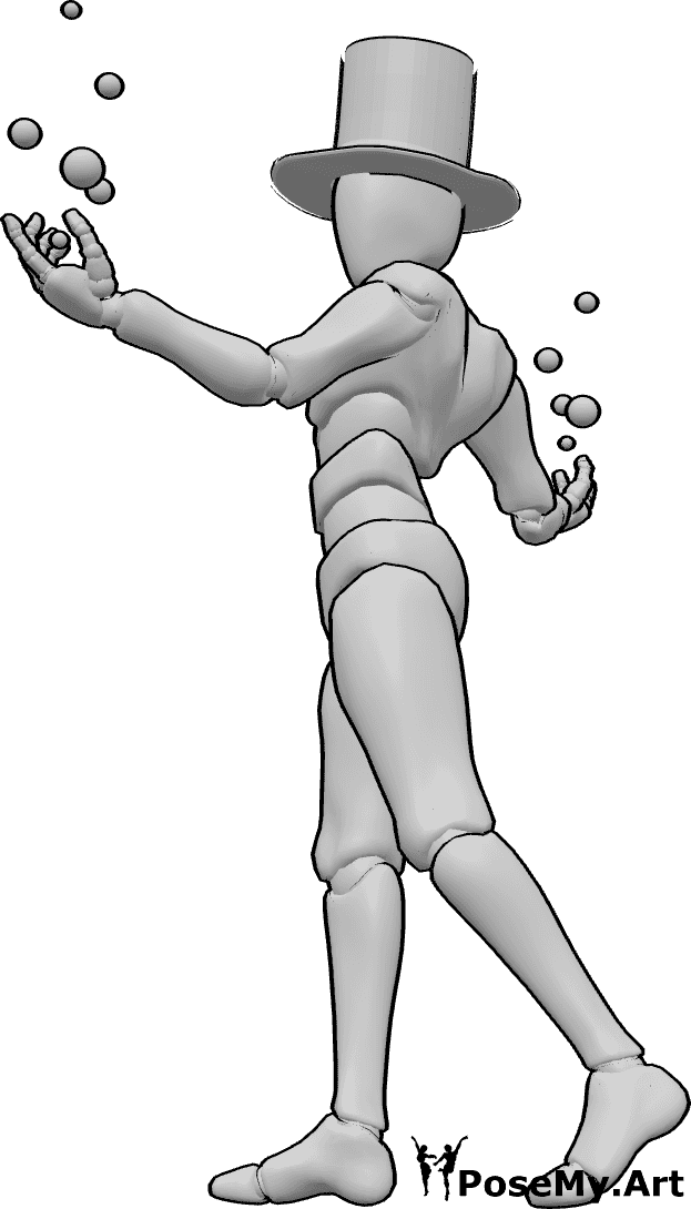 Referência de poses- Pose de um mágico vilão a lançar um feitiço - O mágico vilão está de pé e lança um feitiço com as mãos, usando um chapéu de mágico, referência à pose de vilão