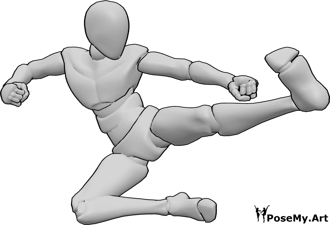 Référence des poses- Pose de coup de pied du méchant - Le méchant saute et donne des coups de pied avec son pied gauche, référence à la pose du méchant
