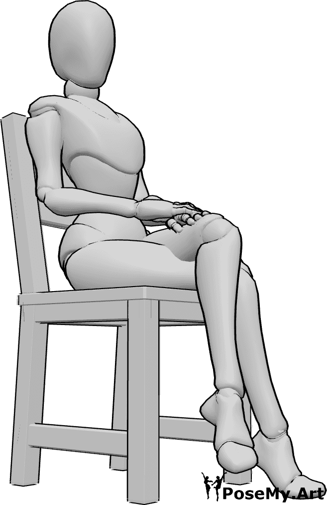 姿势资料- 身穿礼服的坐姿 - 女性优雅地坐在椅子上，双腿交叉，双手合十