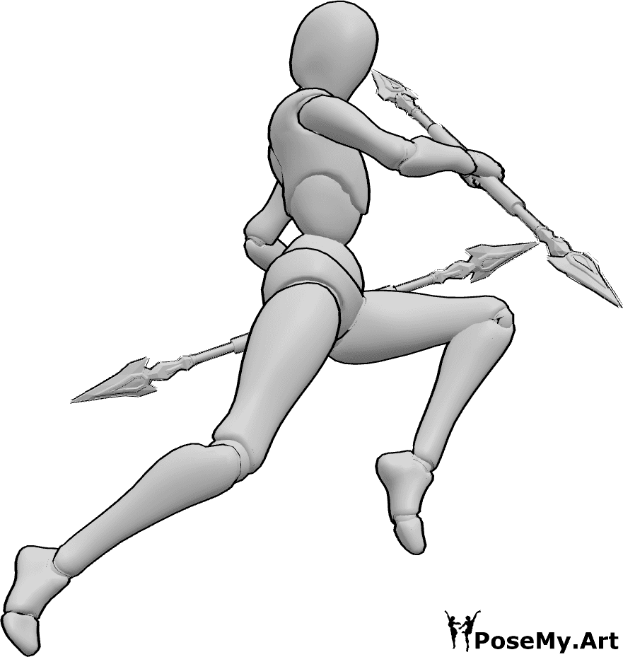 Posen-Referenz- Spears springende Angriffspose - Frau springt, hält Speere in beiden Händen und schaut nach rechts