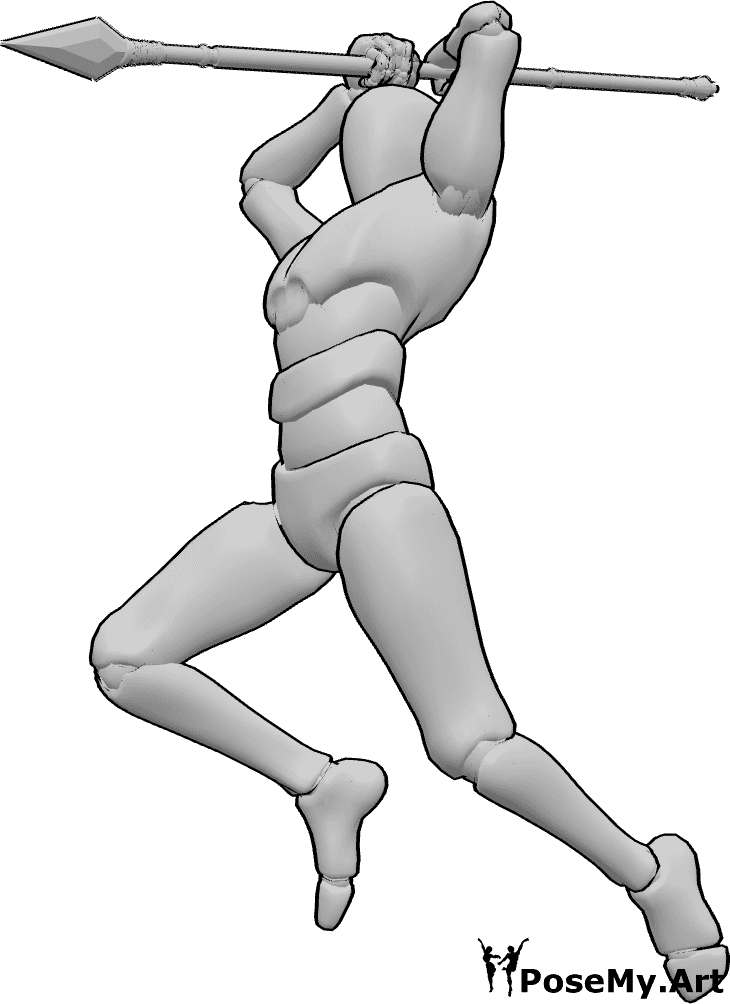 Pose Reference- Jumping spear attack male pose - Male is jumping, holding a spear with both hands, is about to stab it into something