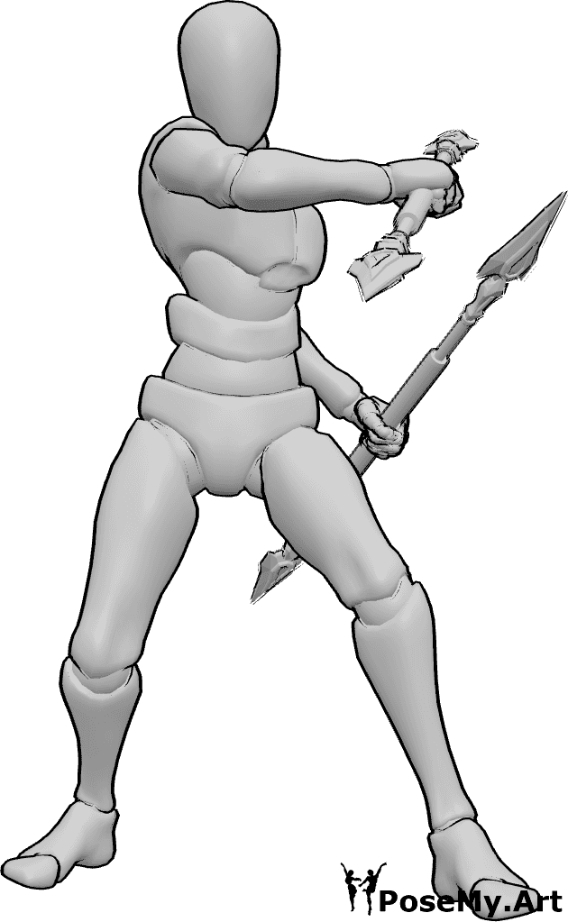 Riferimento alle pose- Posa maschile di combattimento con la lancia - Uomo in piedi, con lance bifronte in entrambe le mani, in posizione di combattimento con la lancia.