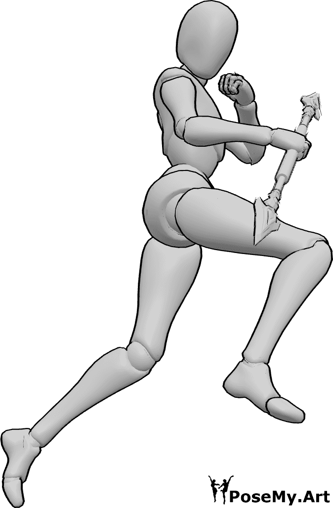 Pose Reference- Female spear fighting pose - Female is jumping, holding a spear in her right hand, dynamic spear pose