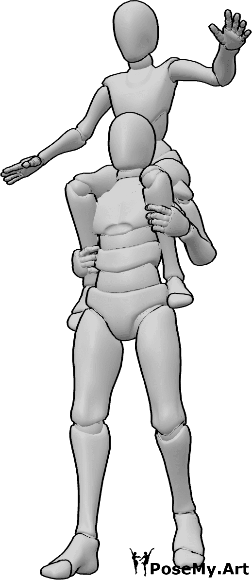 Pose Reference- Shoulders carrying pose - Male is walking and carrying the female on his shoulders, couple carrying pose reference