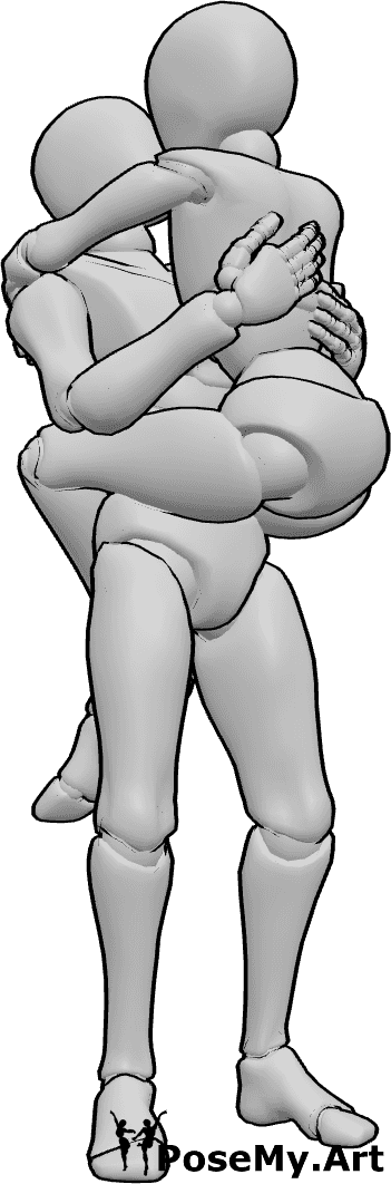 Référence des poses- Mignonne pose romantique de portage - Le mâle porte la femelle et la tient à deux mains tout en l'embrassant.