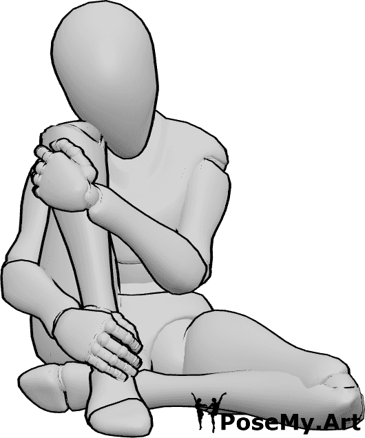Pose Reference- Floor sitting sad female pose - Sad female is sitting huddled on the floor, hugging her leg, female huddled sitting pose