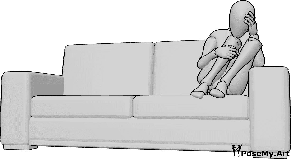 Pose Reference- Couch huddled sitting pose - Female is sitting huddled on the couch, hugging her knee and holding her head