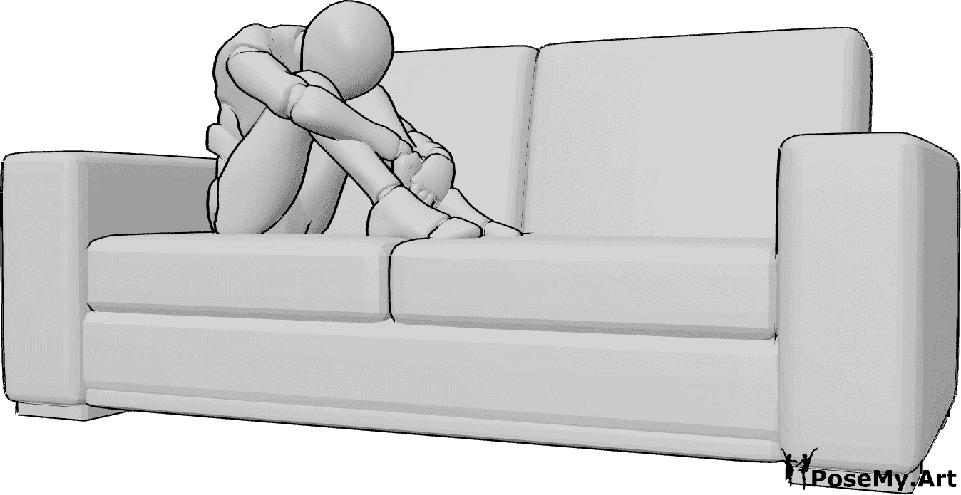 Référence des poses- Homme triste, recroquevillé, assis - L'homme triste est assis, recroquevillé sur le canapé, serrant ses genoux et regardant vers le bas.