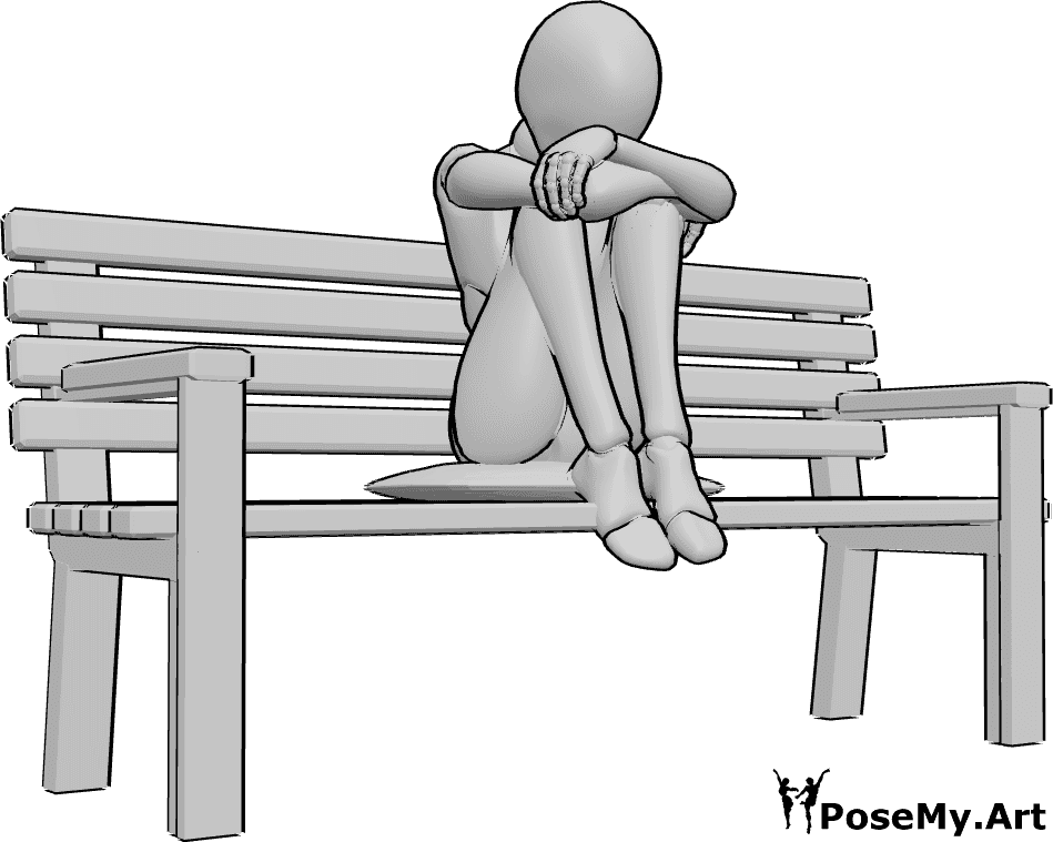 Pose Reference- Bench huddled sitting pose - Sad female is sitting huddled on the bench, her arms are crossed, she is looking down