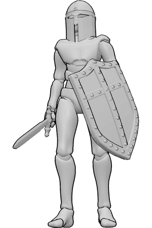 Pose Reference- Knight standing pose - Knight is standing, holding a shield and a sword, wearing a helmet