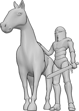 Pose Reference- Knight horse standing pose - Knight is standing next to the horse, wearing a helmet, holding a sword