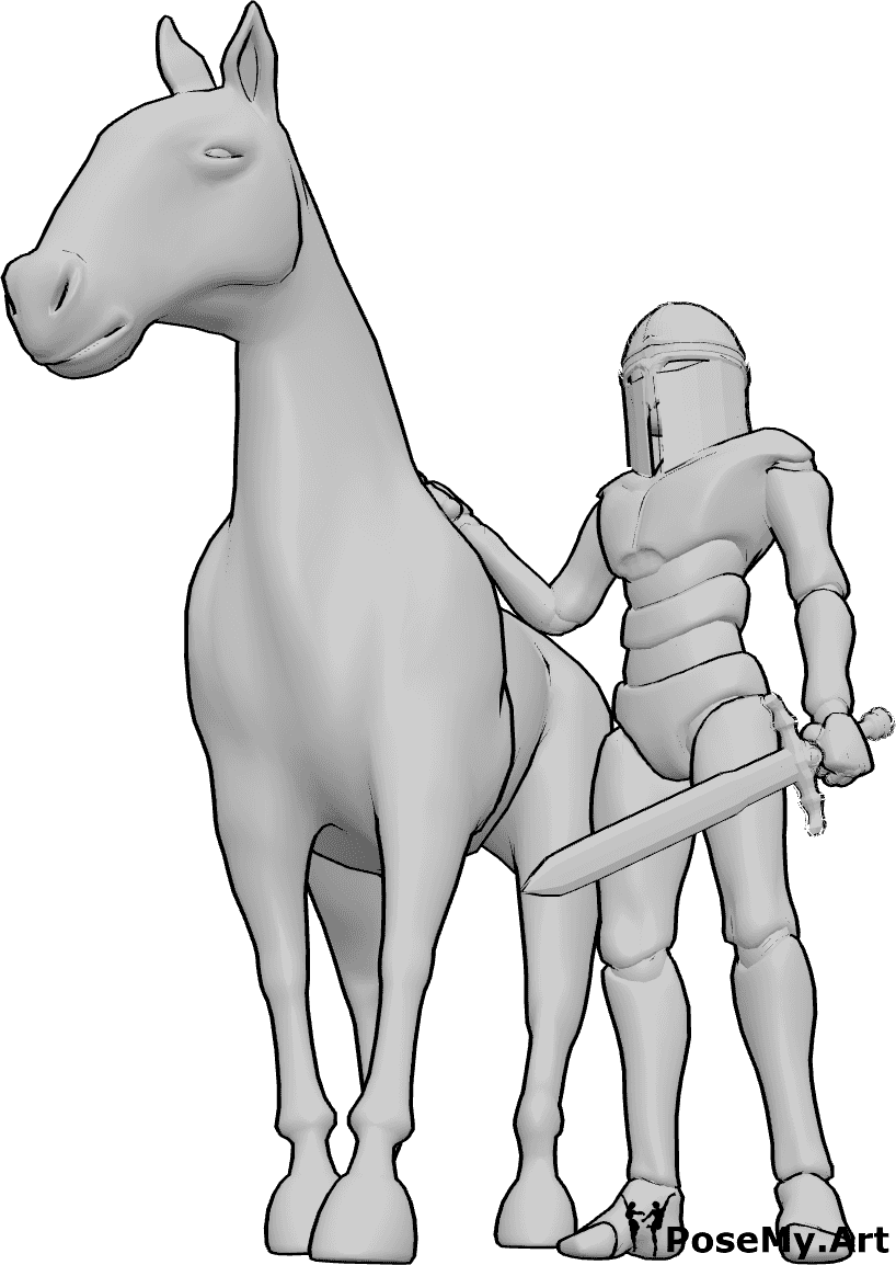 姿势资料- 骑士马站立姿势 - 骑士站在马旁，头戴头盔，手持长剑