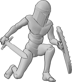 Pose Reference- Knight landing pose - Knight is landing, holding a shield and sword, wearing a helmet