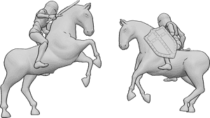 Pose Reference- Knights horseback fighting pose - Knights are fighting on horseback, wearing helmets, holding swords and shields