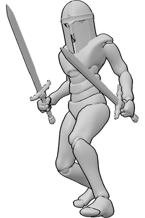 Pose Reference- Knight holding swords pose - Knight is standing and holding swords, wearing a helmet