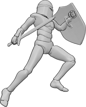 Pose Reference- Knight attack pose - Knight is jumping to attack, holding a sword and a shield, wearing helmet