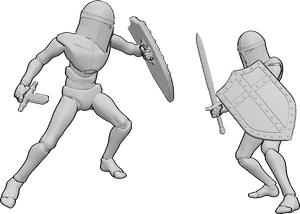 Pose Reference- Knight fighting pose - Knights are fighting, holding swords and shields, wearing helmet