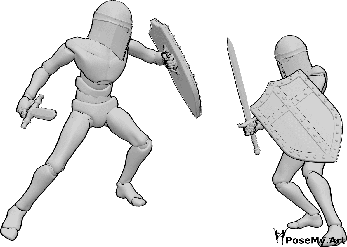 姿势资料- 骑士战斗姿势 - 骑士们手持长剑和盾牌，头戴头盔，正在战斗