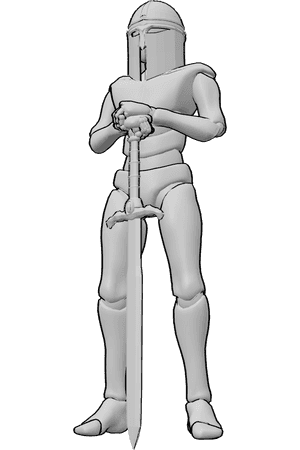 Pose Reference- Knight sword pose - Knight is standing confidently, leaning on his great sword, wearing a helmet