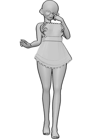 Pose Reference- Cute anime maid pose - Cute anime female is standing, wearing heart shaped glasses