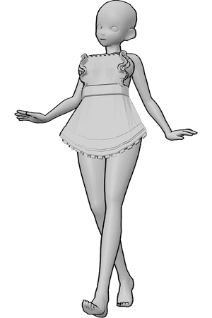 Pose Reference- Anime maid walking pose - Cute anime female is walking, wearing maid apron, looking slightly to the right