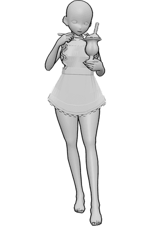 Pose Reference- Anime maid eating pose - Anime female is standing, wearing a maid apron and eating ice cream