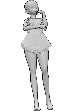 Pose Reference- Anime maid thinking pose - Anime female is standing, wearing a maid apron and thinking