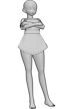 Pose Reference- Anime maid crossed arms pose - Anime female is standing, wearing a maid apron, her arms are crossed