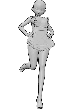 Pose Reference- Anime maid holding hips pose - Anime female is standing, wearing a maid apron, holding her hips