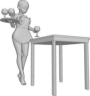 Pose Reference- Anime maid serving pose - Anime female is wearing a maid apron, serving drinks at the table