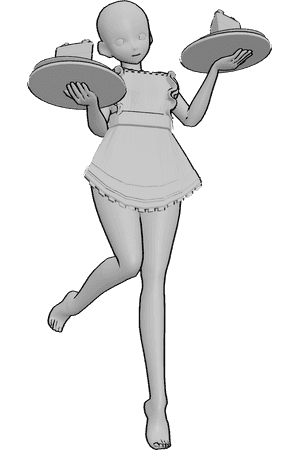 Pose Reference- Anime maid jumping pose - Anime female is wearing a maid apron, holding cakes and jumping