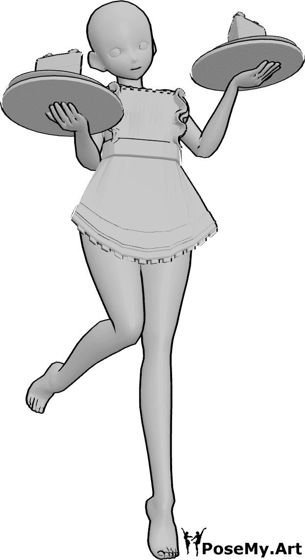 Pose Reference- Anime maid jumping pose - Anime female is wearing a maid apron, holding cakes and jumping
