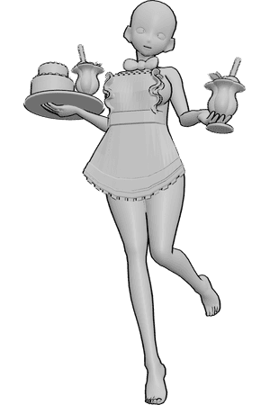 Pose Reference- Anime maid holding desserts pose - Cute anime female is jumping, wearing a maid apron, holding desserts 