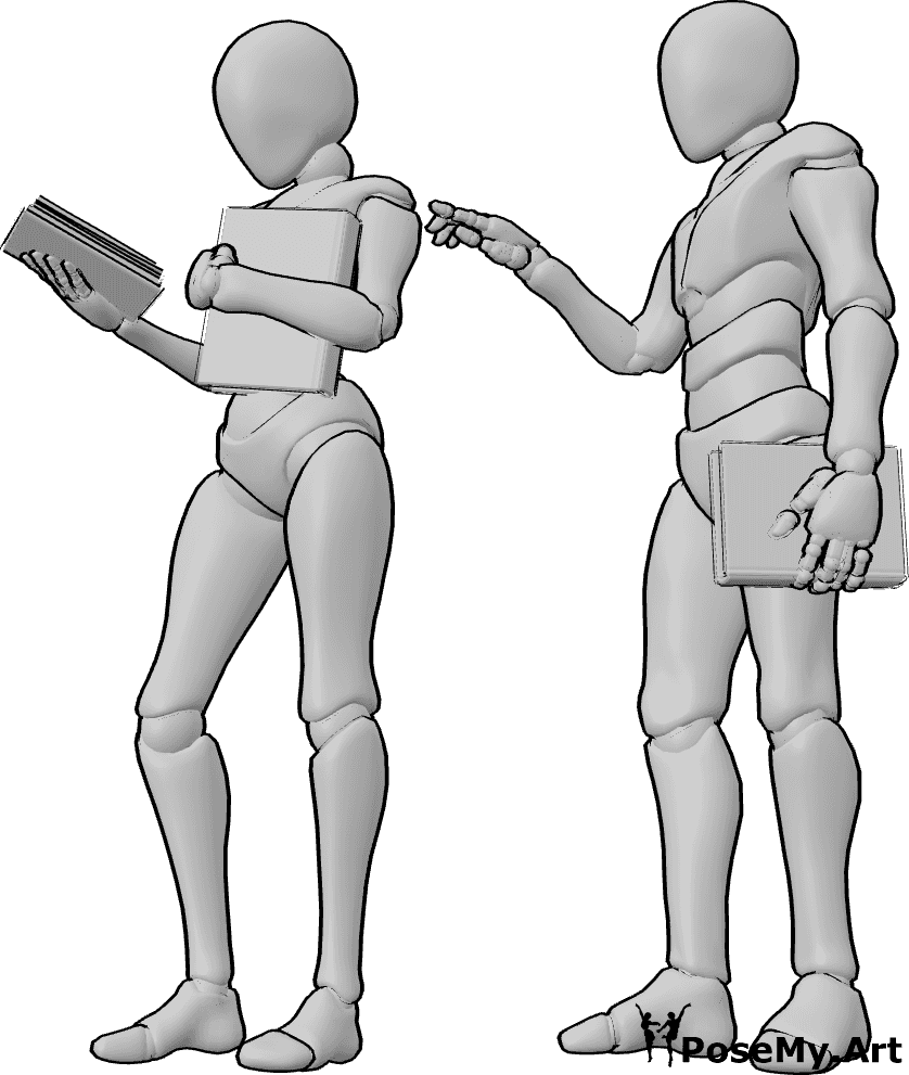 ポーズ資料- 本を持つポーズ - 女性と男性が立って本を持ち、女性は本を読んでいる。